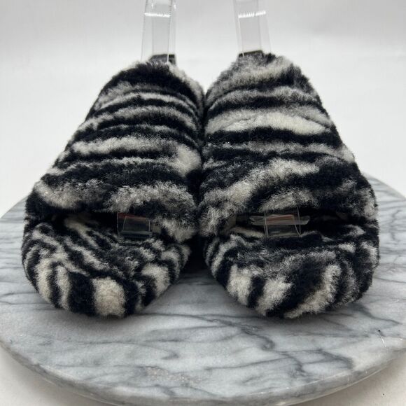 UGG Fluff Yeah Slide Zebra Sandal Womens 8 Elastic Sling Back Fluffy Sheepskin - Picture 3 of 11